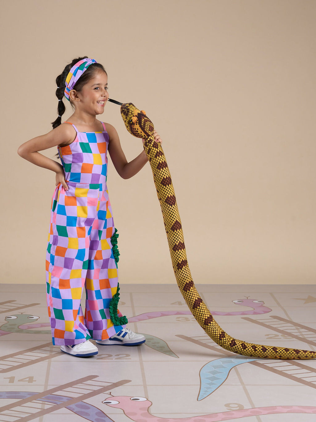 Snakes and Ladders Girls Multi Color Rotary Print Jumpsuit from Siblings Collection | Grocsy