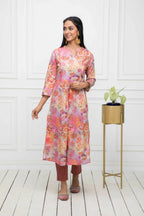 Myshka Multi Floral Women Cotton A-Line Round Neck Kurtas | Grocsy