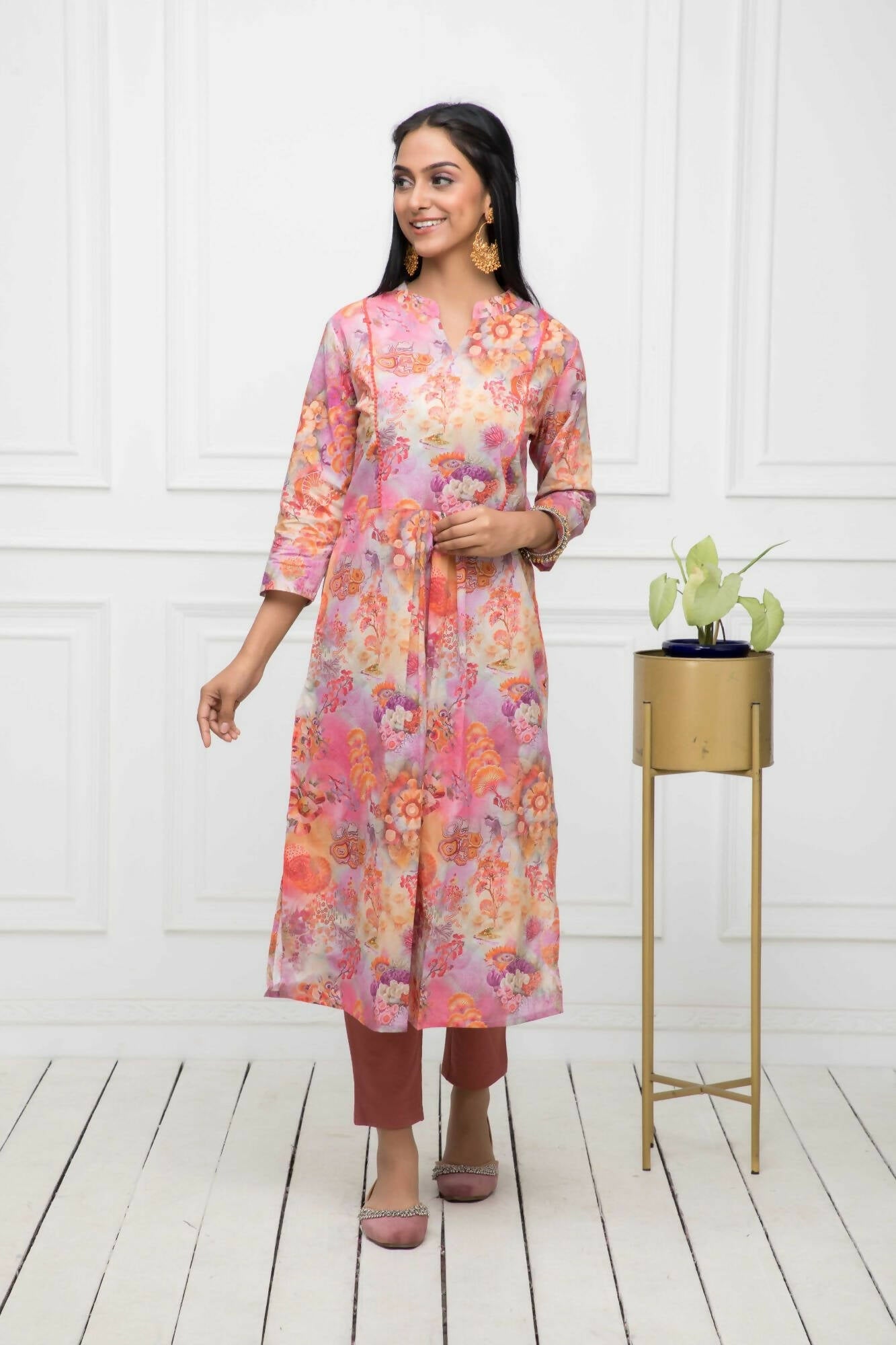 Myshka Multi Floral Women Cotton A-Line Round Neck Kurtas | Grocsy