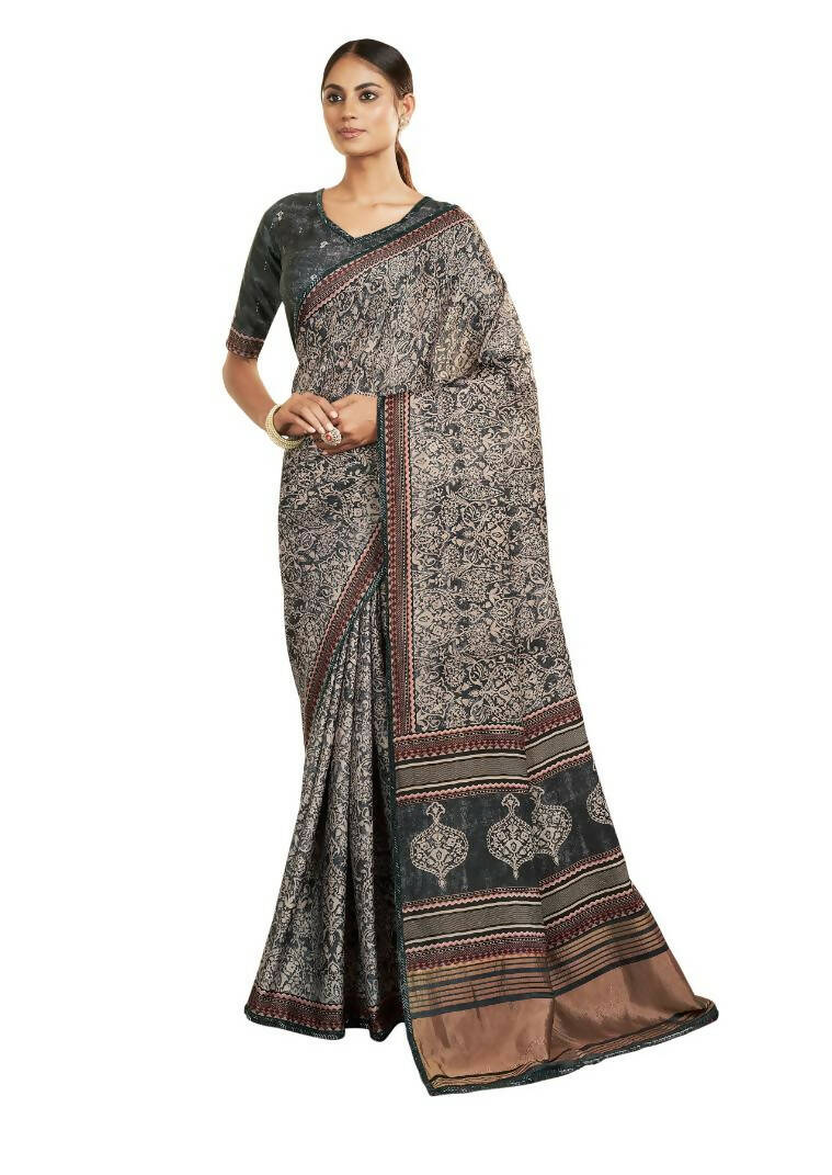 Grey Gajji Silk Paisley Print with Hand work Border Saree - Norita Nirvi | Grocsy