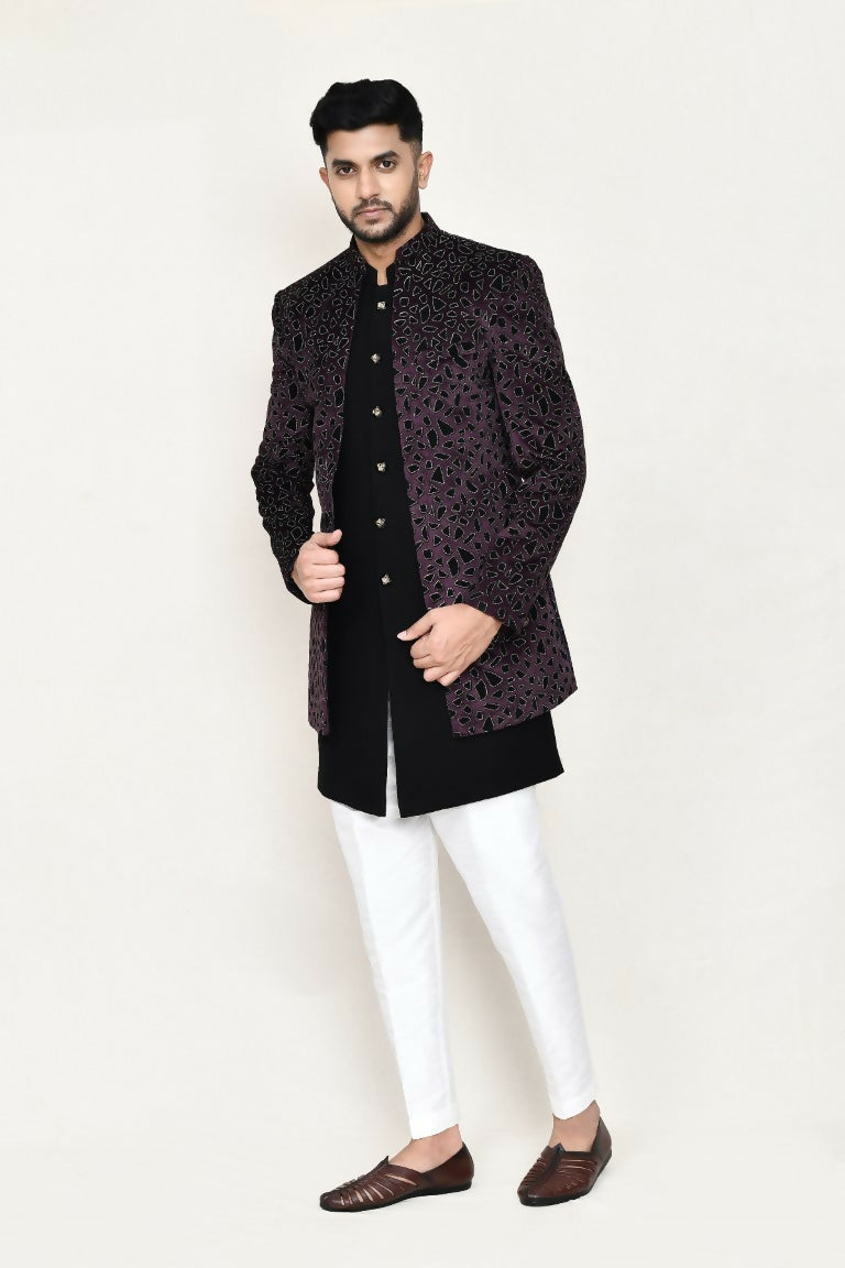 Joban Fashion Black Colored Velvet Based With Aplics Fabric Open Jacket, Indo Western With Pant | Grocsy