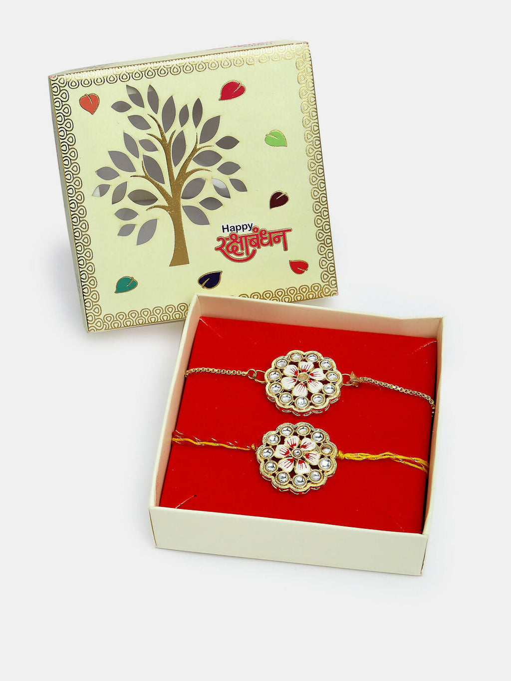NVR Women & Men Set of 2 Gold Kundan-Studded Bhaiya Bhabhi Rakhi Set With Roli Chawal & Chocolate | Grocsy