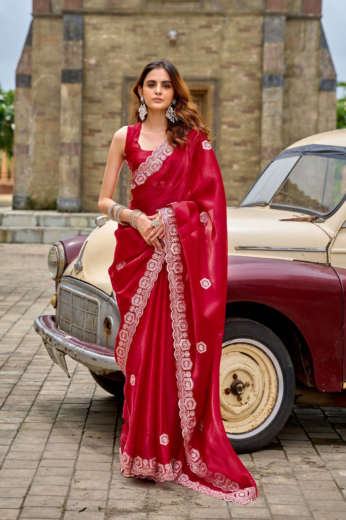 Vastranavya Red Embroidery Work Shimmer Chiffon Saree with Unstitched Blouse | Grocsy
