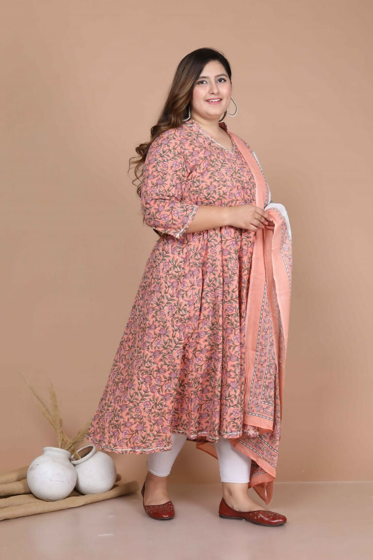 Miravan Women's Plus Size Surpassing Orange Partywear Floral Printed Anarkali Kurta Dupatta  | Grocsy