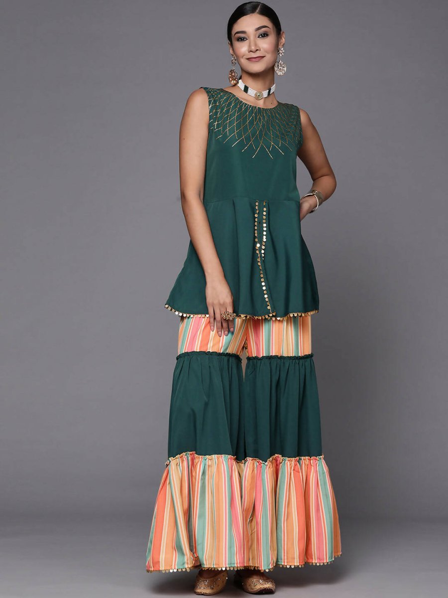Ahalyaa Green Yoke Geometric Printed High Slit Sequinned Kurti with Sharara | Grocsy