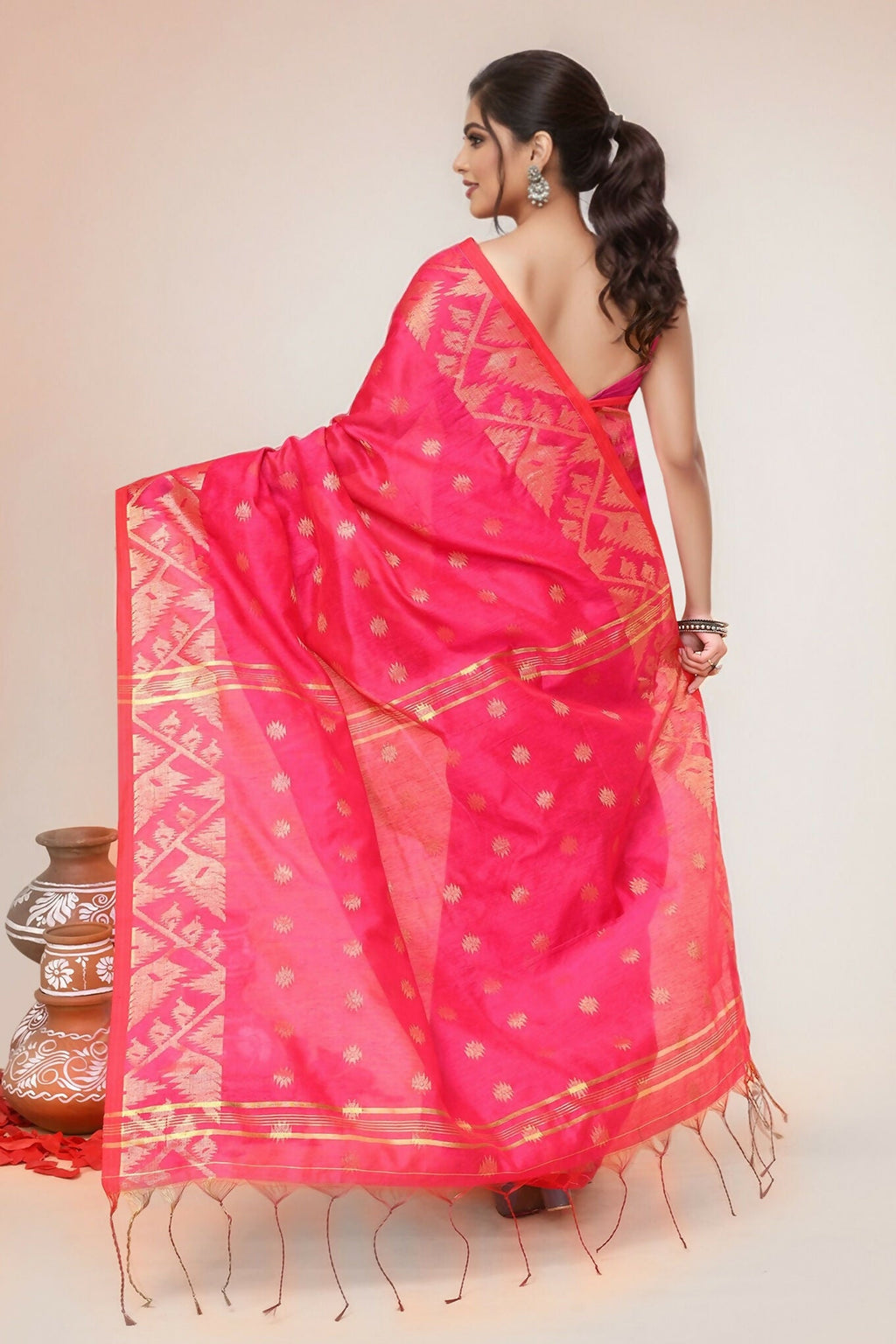 Joban Fashion Pink Cotton Blend Handloom Saree | Grocsy