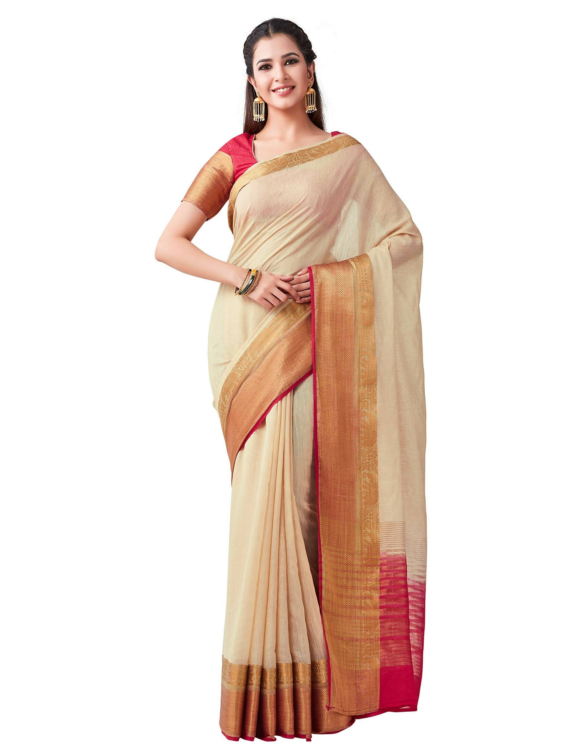 Mimosa Women's Beige Kanchipuram Linen Saree | Grocsy