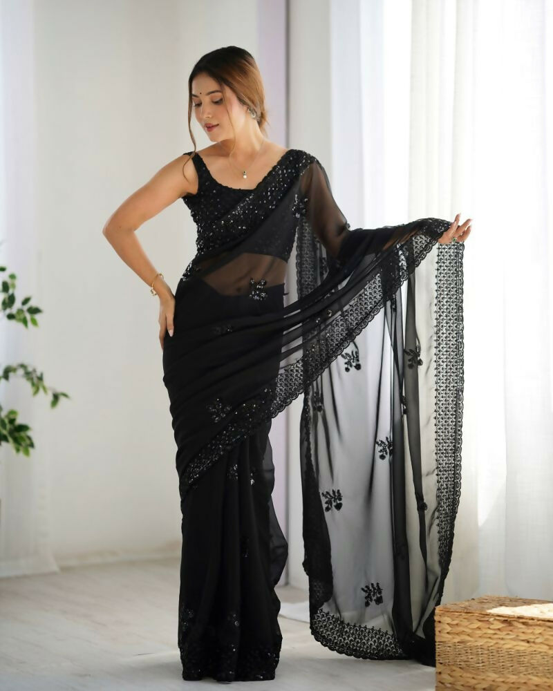 Attractive Looking Georgette Thread, Sequance Embroidery Work Party Wear Saree - Black | Grocsy