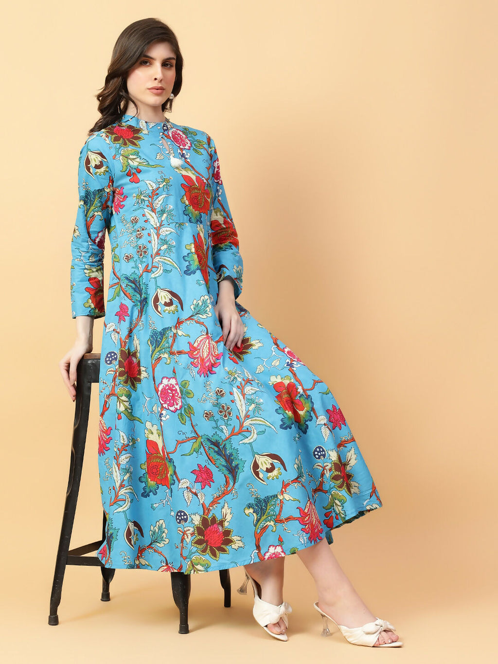 Joban Fashion Turquise Blue Cotton Printed & Hand Work Dress | Grocsy