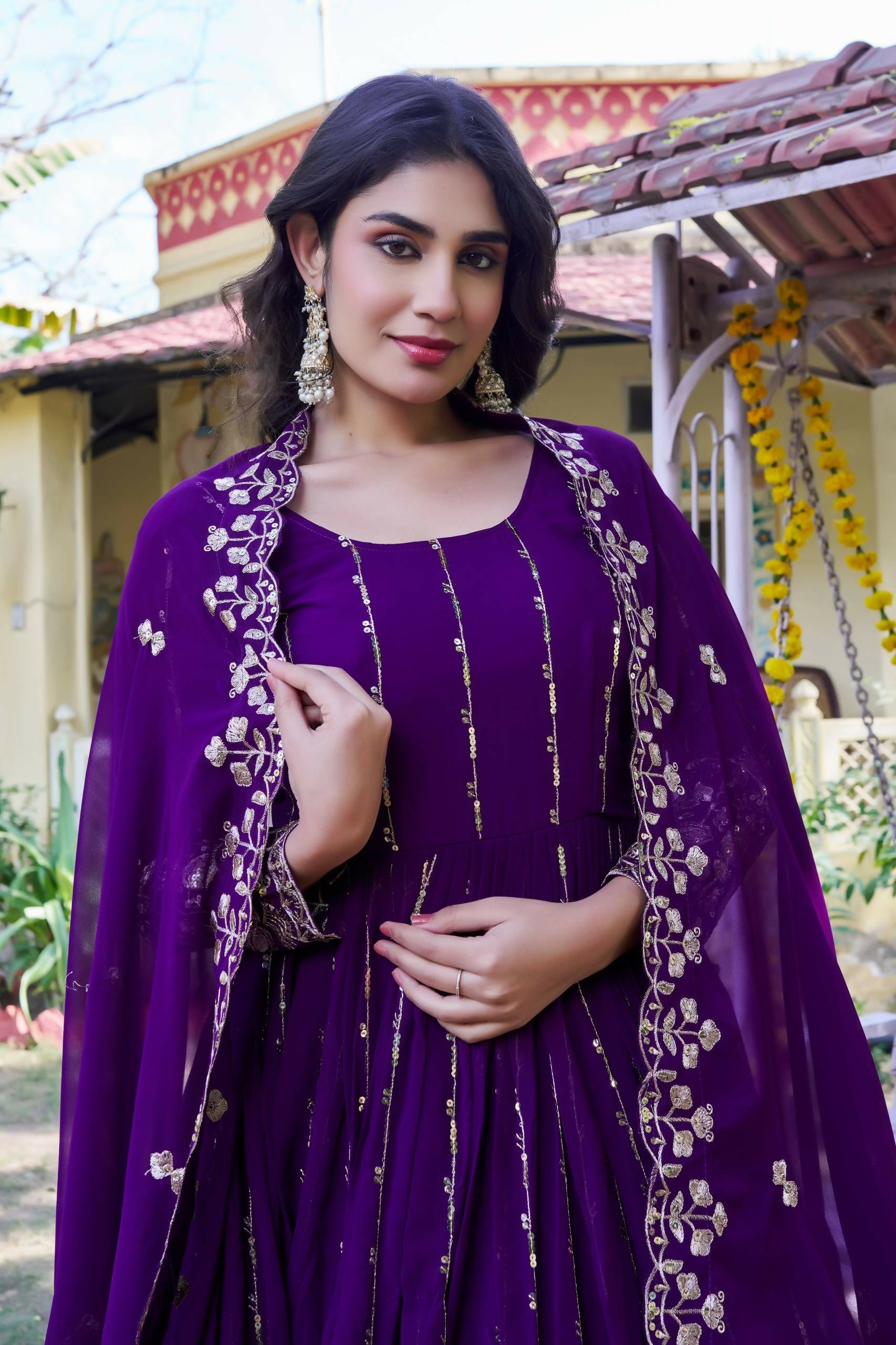 Teeya Creation Womens Casual Party Wear Heavy 5mm Sequence Embroidery Work Purple Gown Set | Grocsy