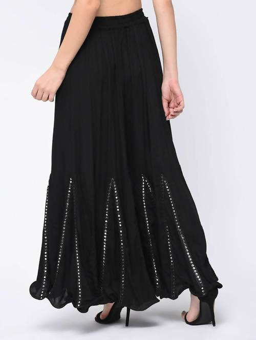 Mominos Fashion Black Viscose Rayon Flared Palazzo with Mirror Lace Work