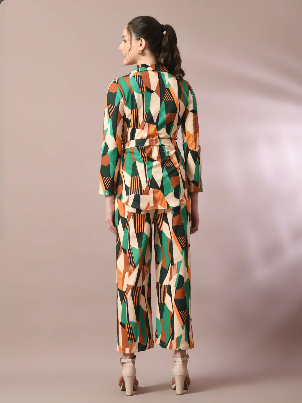 Myshka Women's Multi Printed Polo Collar Party Top With Trousers Co-ord set | Grocsy