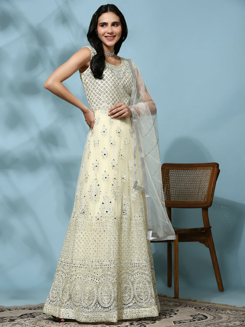 Yellow Net Hand Embroidered Gown - Rudrani | Grocsy