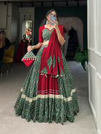 Vastranavya Navaratri Special Pure Cotton Printed With Gota Patti And Lace Touch Up Lehenga with Stitched Choli - Green | Grocsy