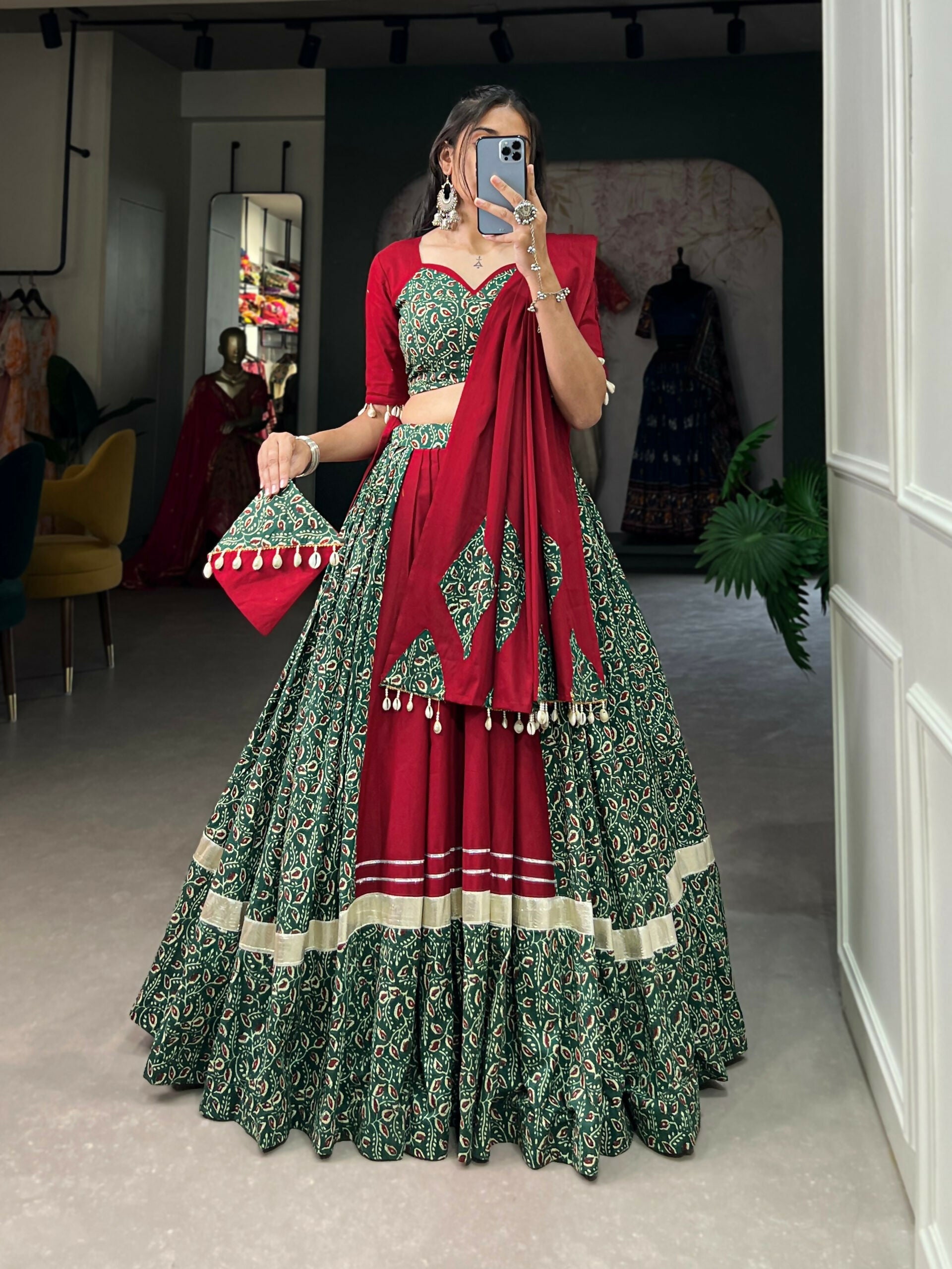 Vastranavya Navaratri Special Pure Cotton Printed With Gota Patti And Lace Touch Up Lehenga with Stitched Choli - Green | Grocsy