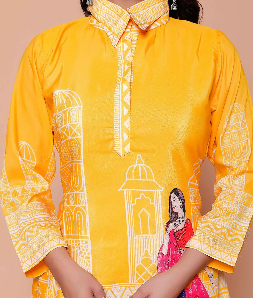 Miravan Womens Yellow Digital Printed Kurta Set | Grocsy
