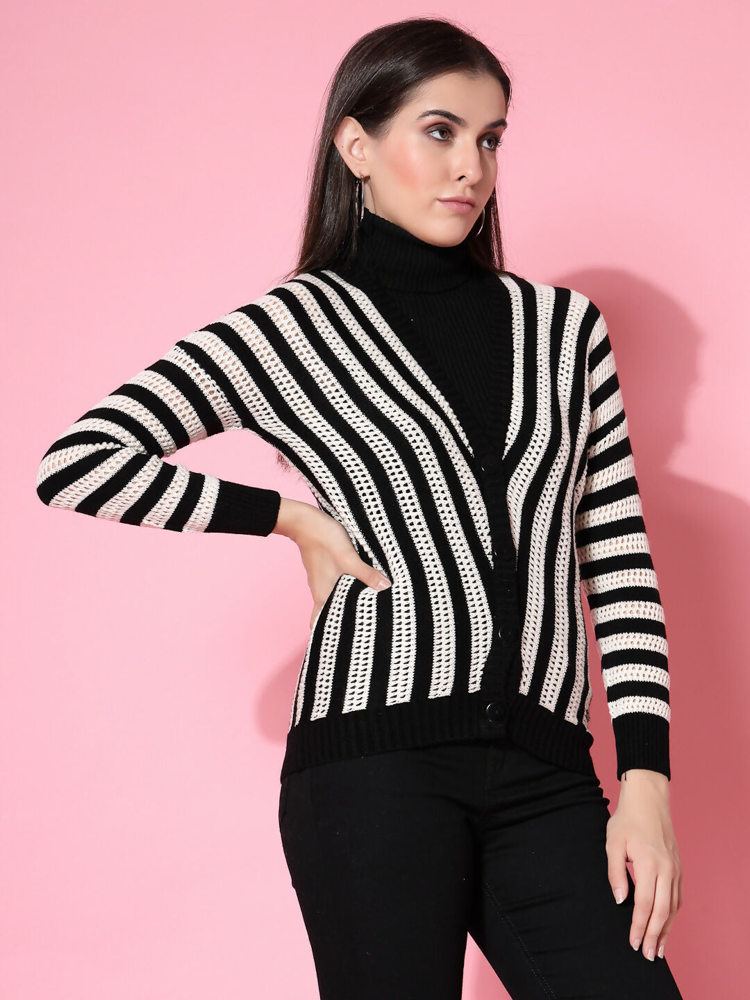 Women Black Acrylic Stripe Cardigan - Wool Trees | Grocsy