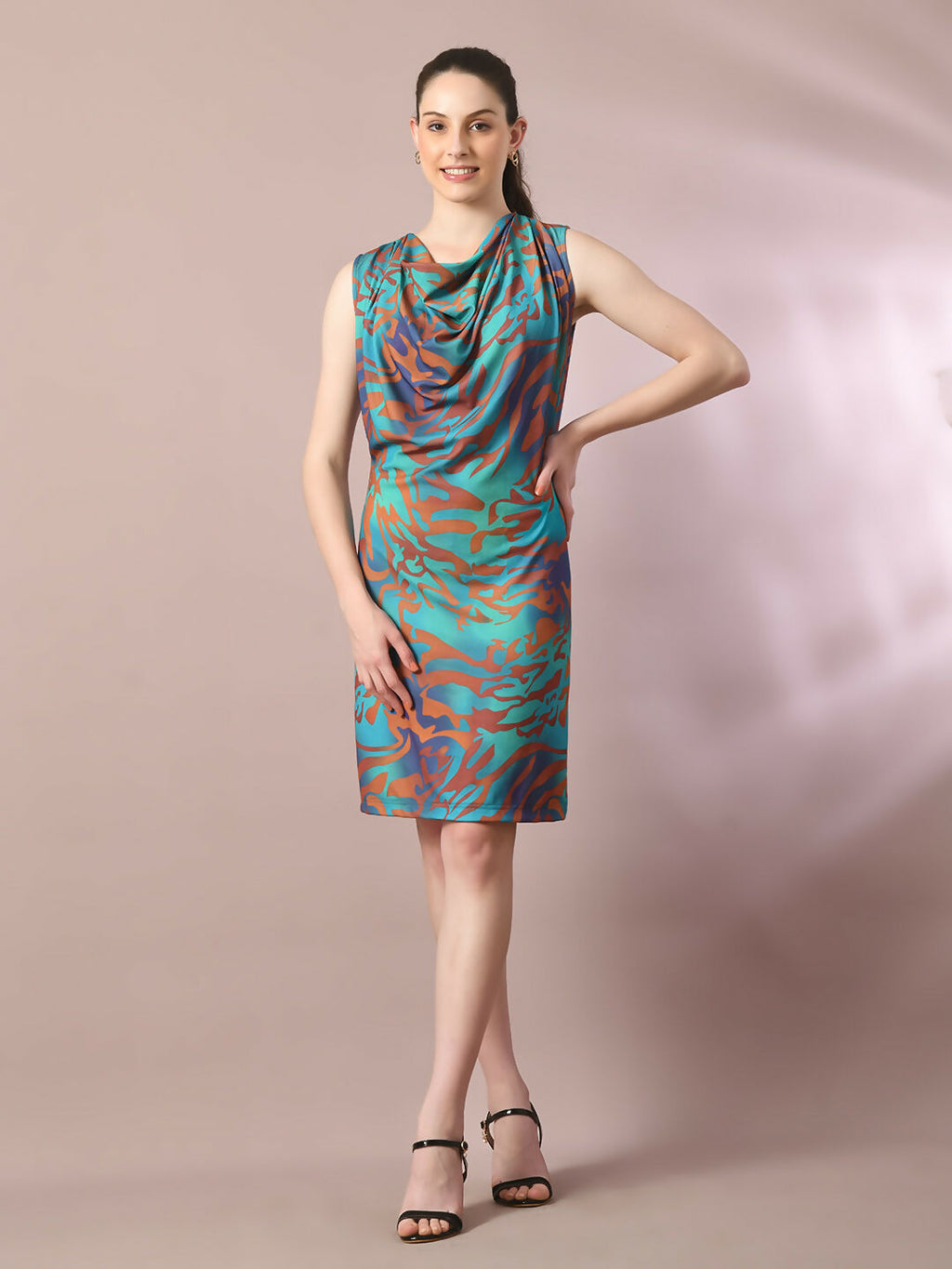 Myshka Women's Multi Printed Cowl Neck Bodycon Party Dress | Grocsy