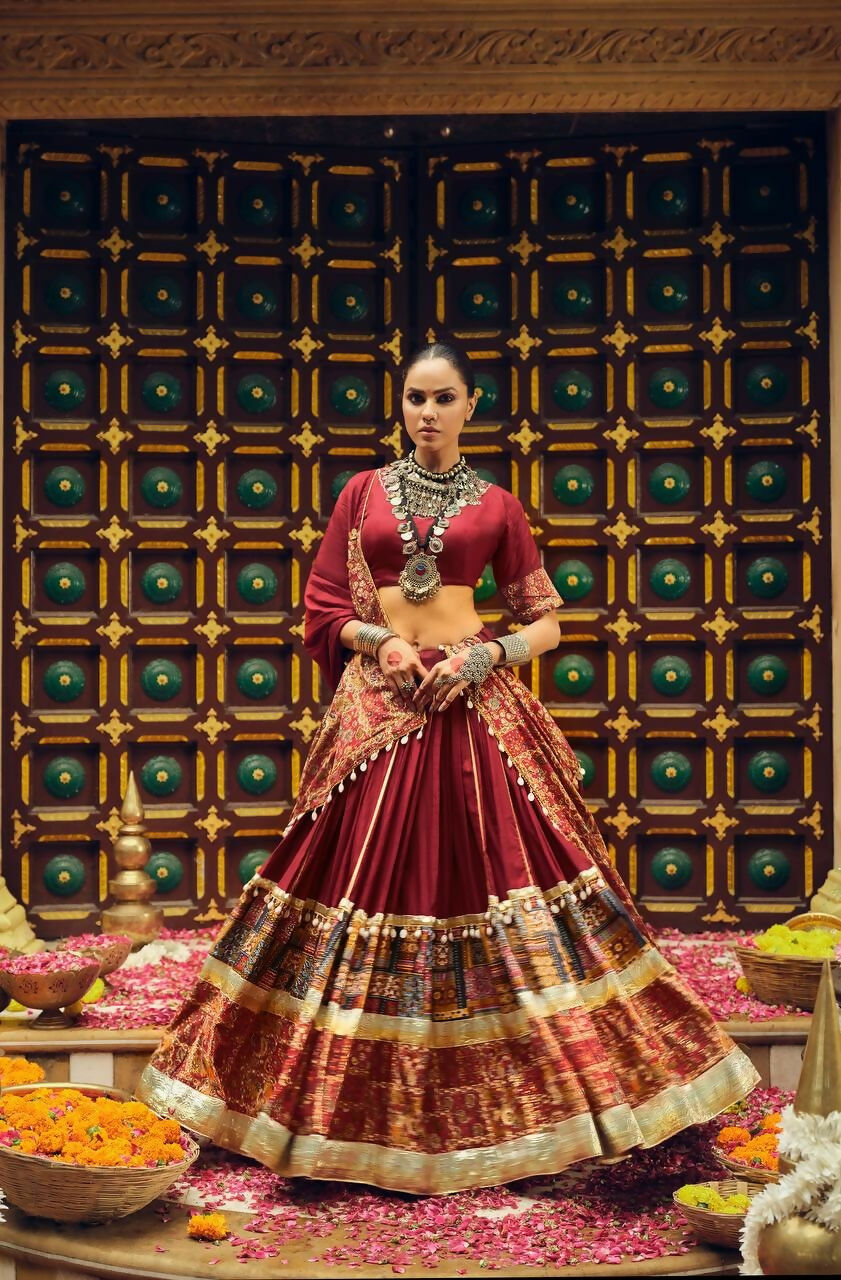 Teeya Creation Maroon Colour Rayon Silk Digital Print Fully Stitched Navratri Lehenga | Grocsy