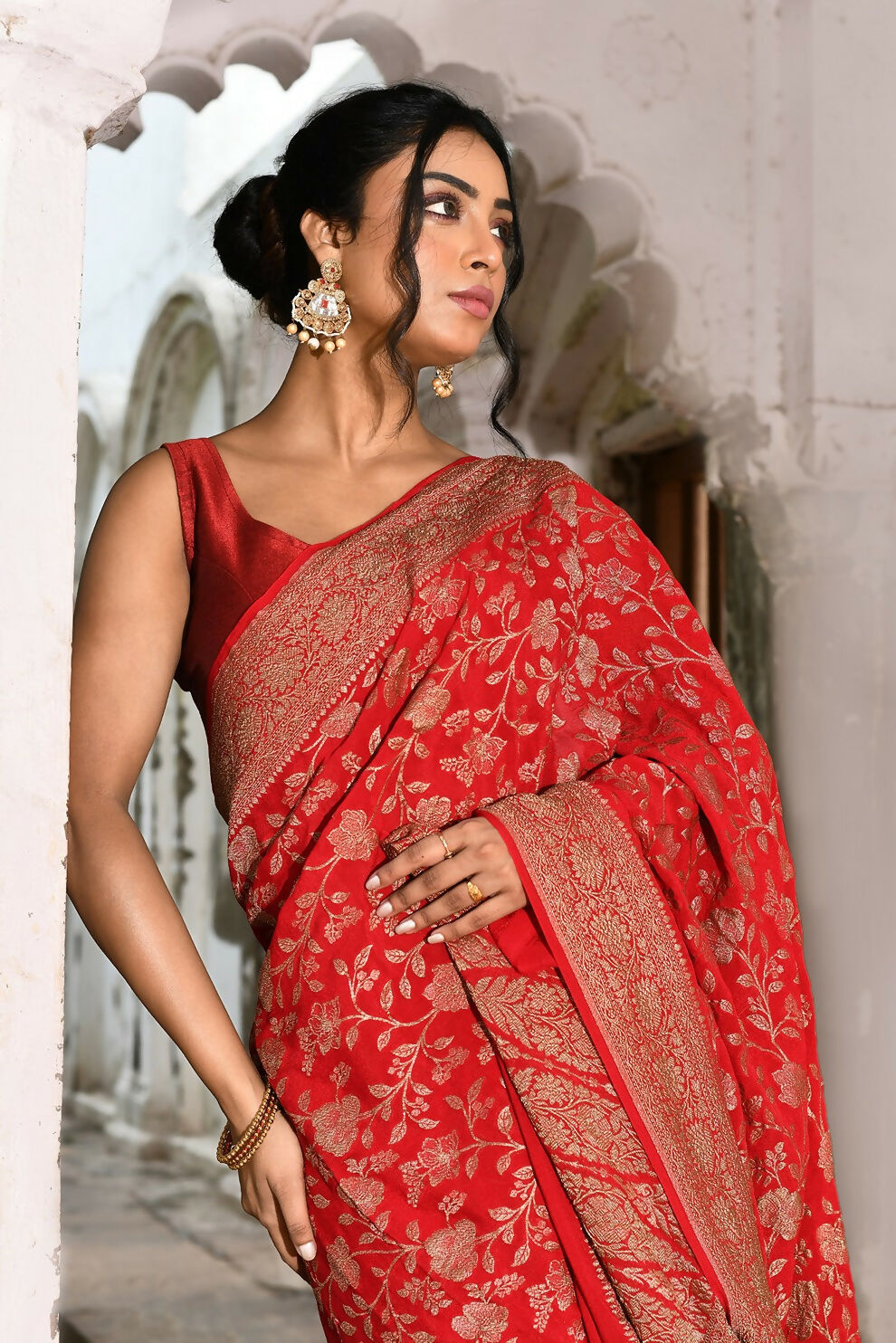 Joban Fashion Red Crepe Chiffon Banarasi Pure Handloom Banarasi Silk Saree | Grocsy