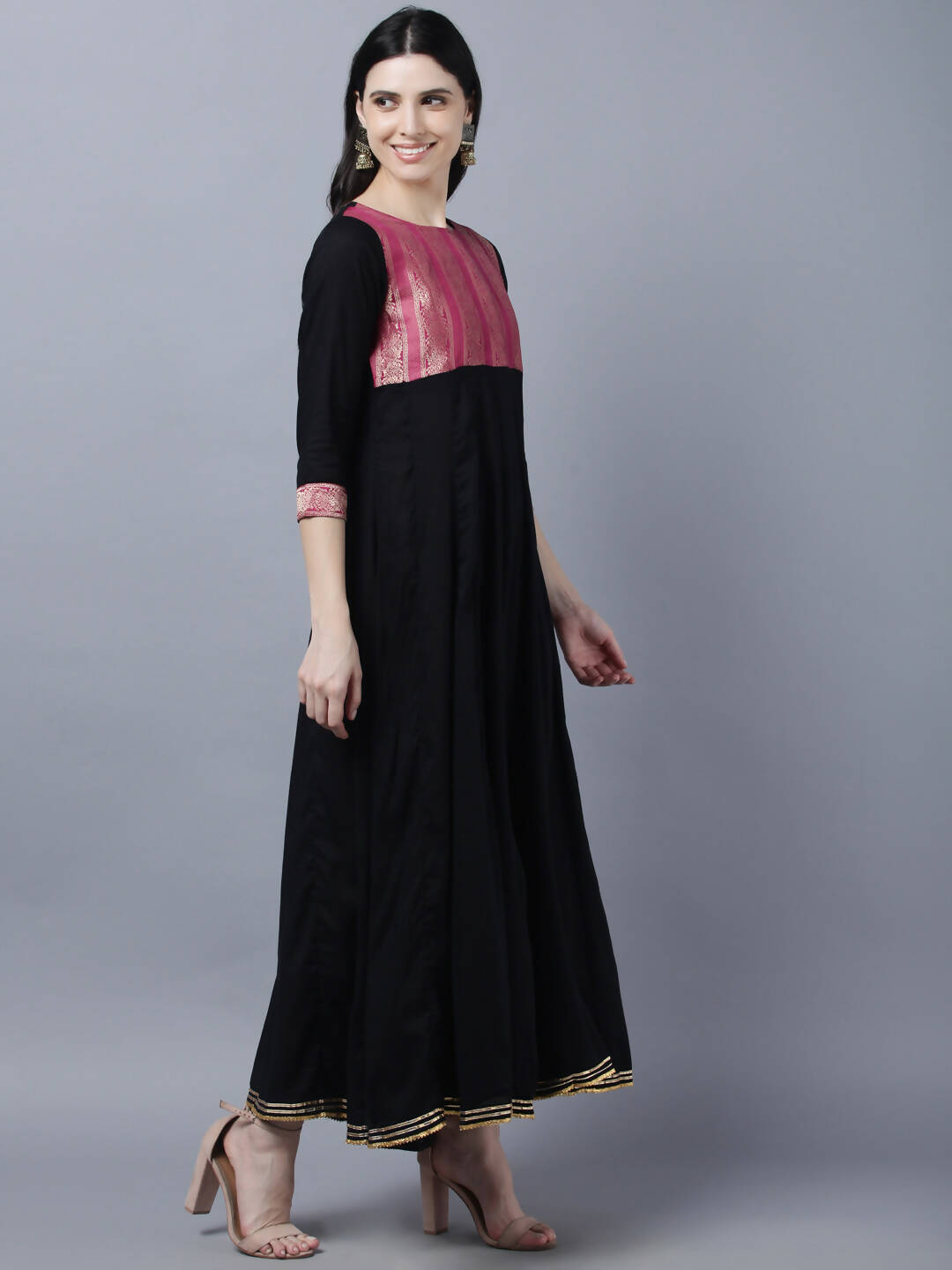 Myshka Women Black Peach-Coloured Colourblocked Cotton Anarkali Kurta | Grocsy