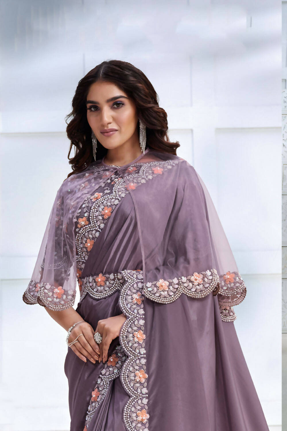 Lavender Crepe satin silk Cord & Sequence Embroidered with Stone work Saree - Mohmanthan Majestica | Grocsy