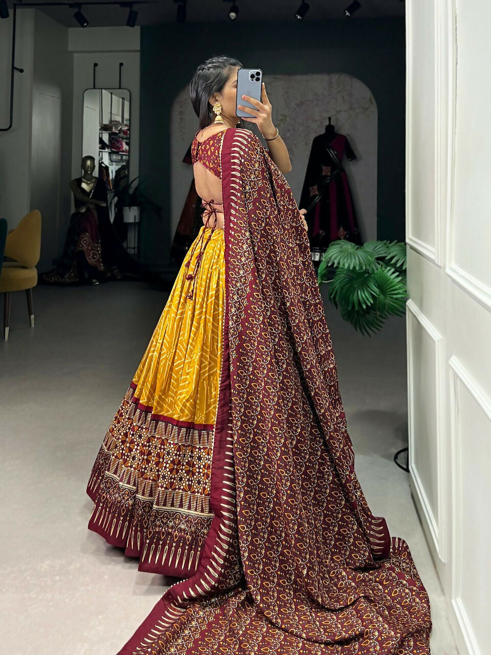 Vastranavya Bandhej And Ajarakh Print Tussar Silk Lehenga Choli - Mustard | Grocsy