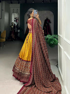 Vastranavya Bandhej And Ajarakh Print Tussar Silk Lehenga Choli - Mustard | Grocsy