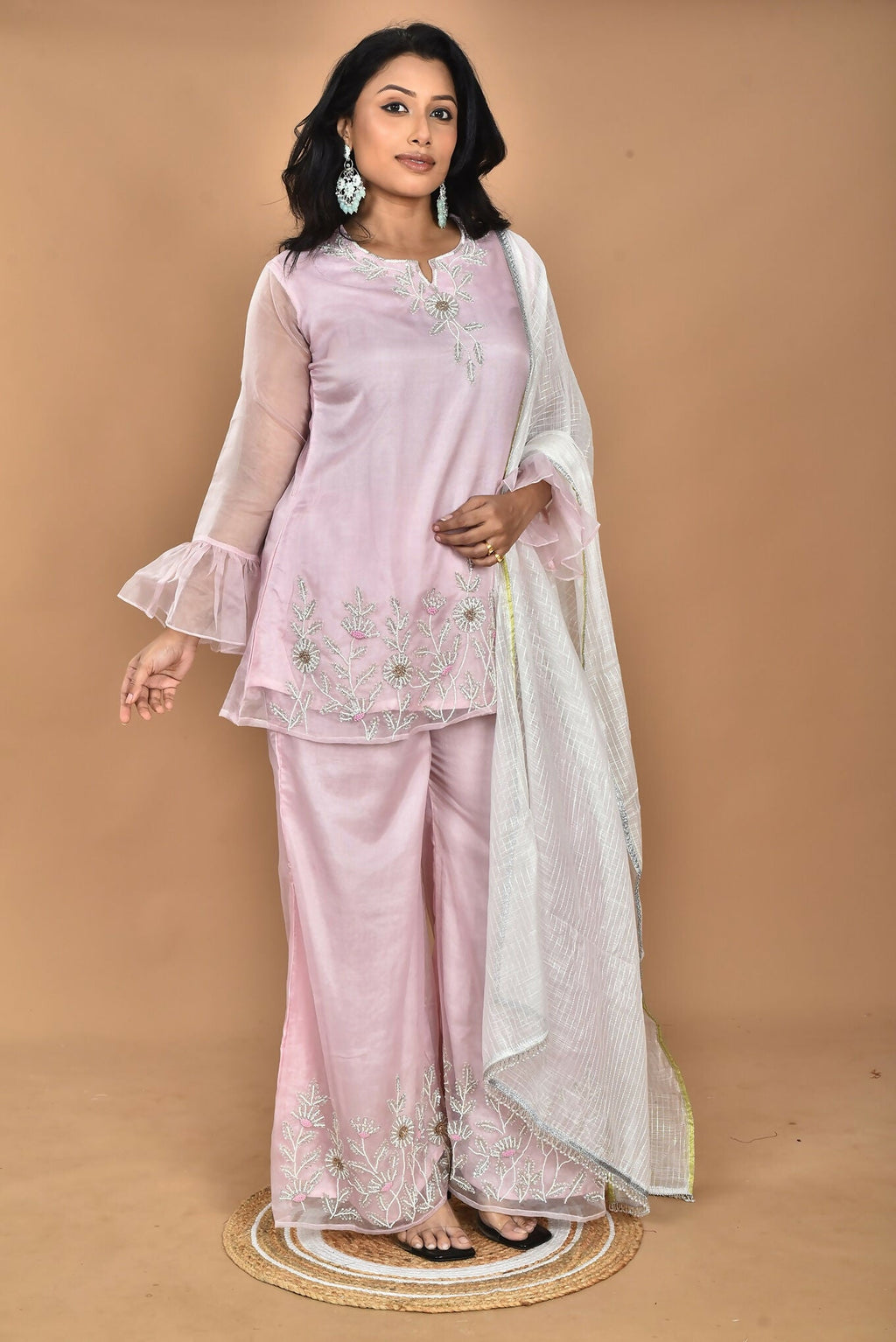 Morchari Women And Hand Embroidery Palazzo Set-Pink | Grocsy