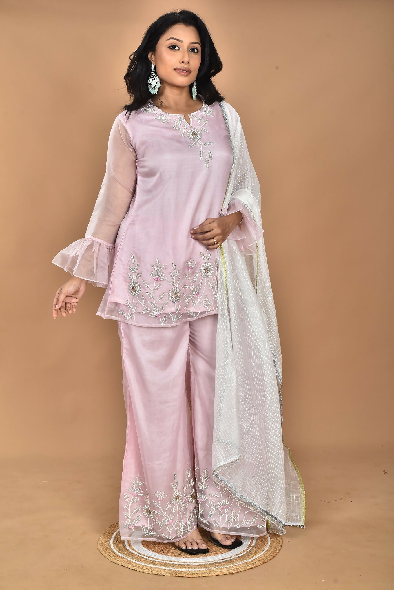 Morchari Women And Hand Embroidery Palazzo Set-Pink | Grocsy