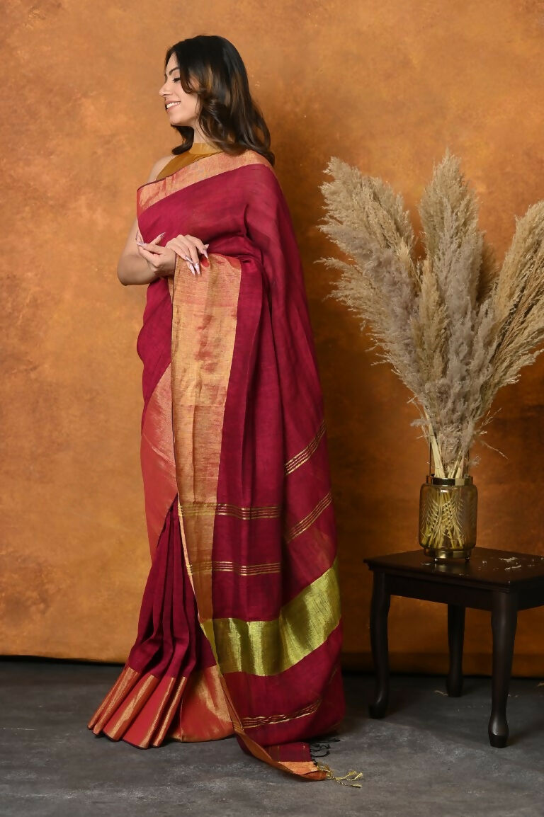 Very Much Indian Handloom Pure Cotton Linen Saree With Golden Border - Maroon | Grocsy