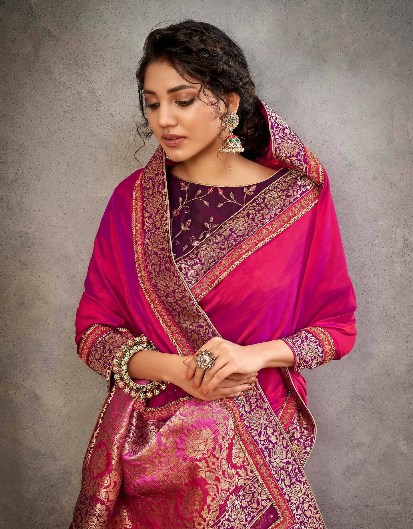 Pinkish-Purple Dual Tone Silk Georgette Thread, Zari And Cord Embroidery, Handwork Butta Saree - Norita Arinya | Grocsy