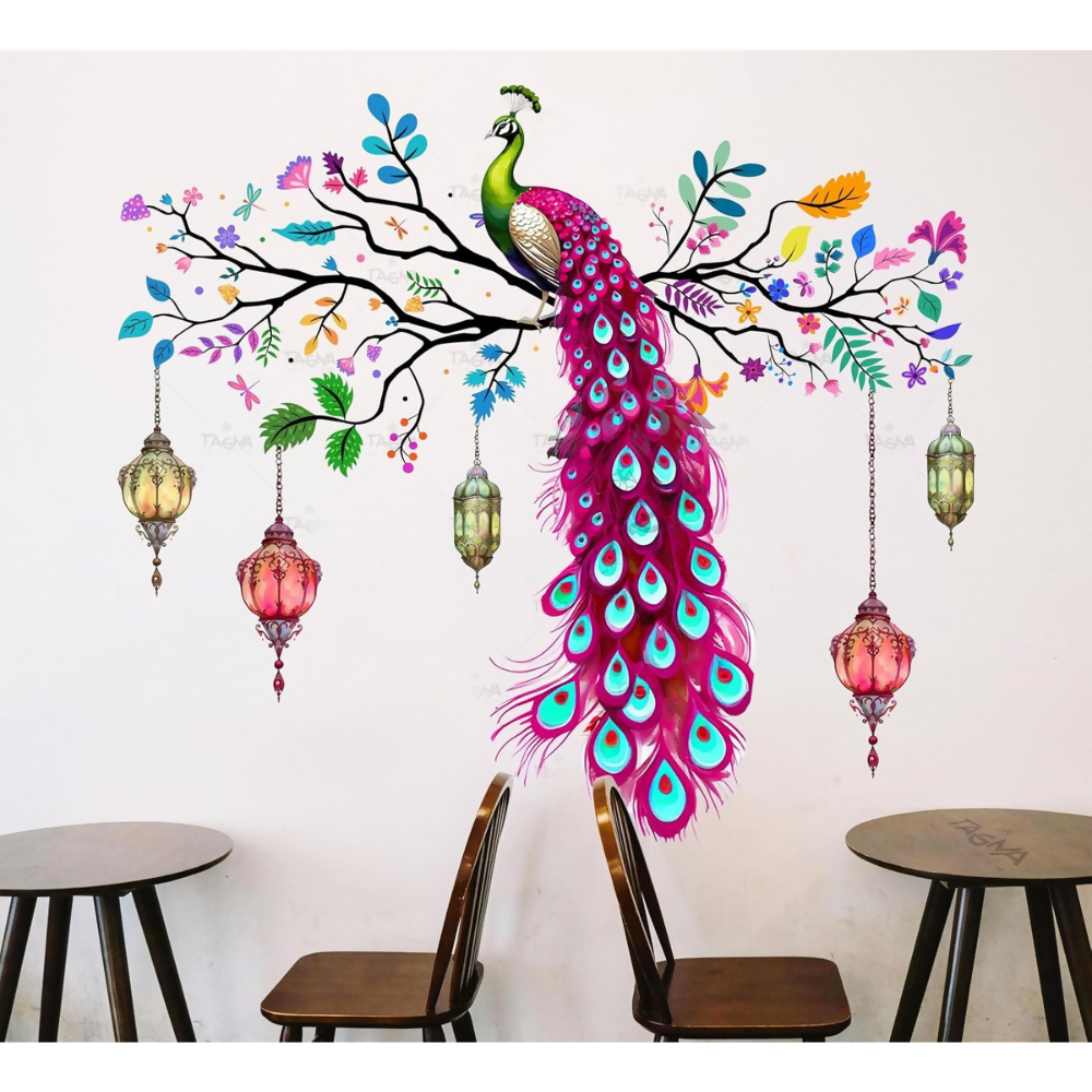TAGMA GROUP Peacock Wall Sticker Vinyl Colourful Wall Art Decal with Hanging Lanterns | Grocsy