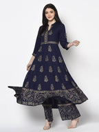 Aniyah Rayon Navy Blue Color Block Print Anarkali Palazzo Set (AN-210K) | Grocsy