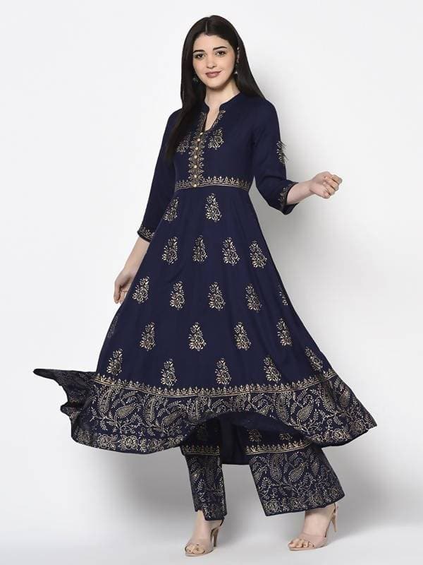 Aniyah Rayon Navy Blue Color Block Print Anarkali Palazzo Set (AN-210K) | Grocsy