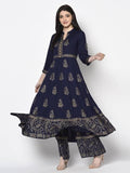 Aniyah Rayon Navy Blue Color Block Print Anarkali Palazzo Set (AN-210K) | Grocsy