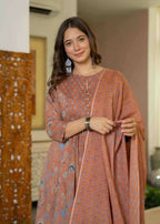 Jaimini Women Cotton Printed Round Neck 3/4 Sleeves Calf Length Flared Kurta Pant And Dupatta Set | Grocsy