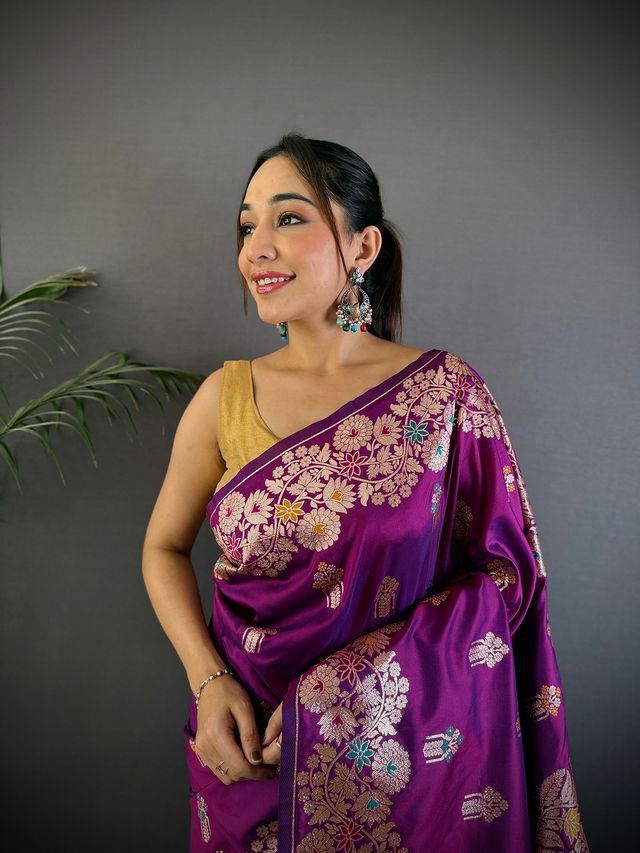 Elora Magenta Soft Silk Floral Zari Weaving Meenakari Saree With Floral Border | Grocsy