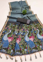 Vastranavya Grey Muga Cotton Meenakari & Azarakh Pallu Saree with Contrast Blouse | Grocsy
