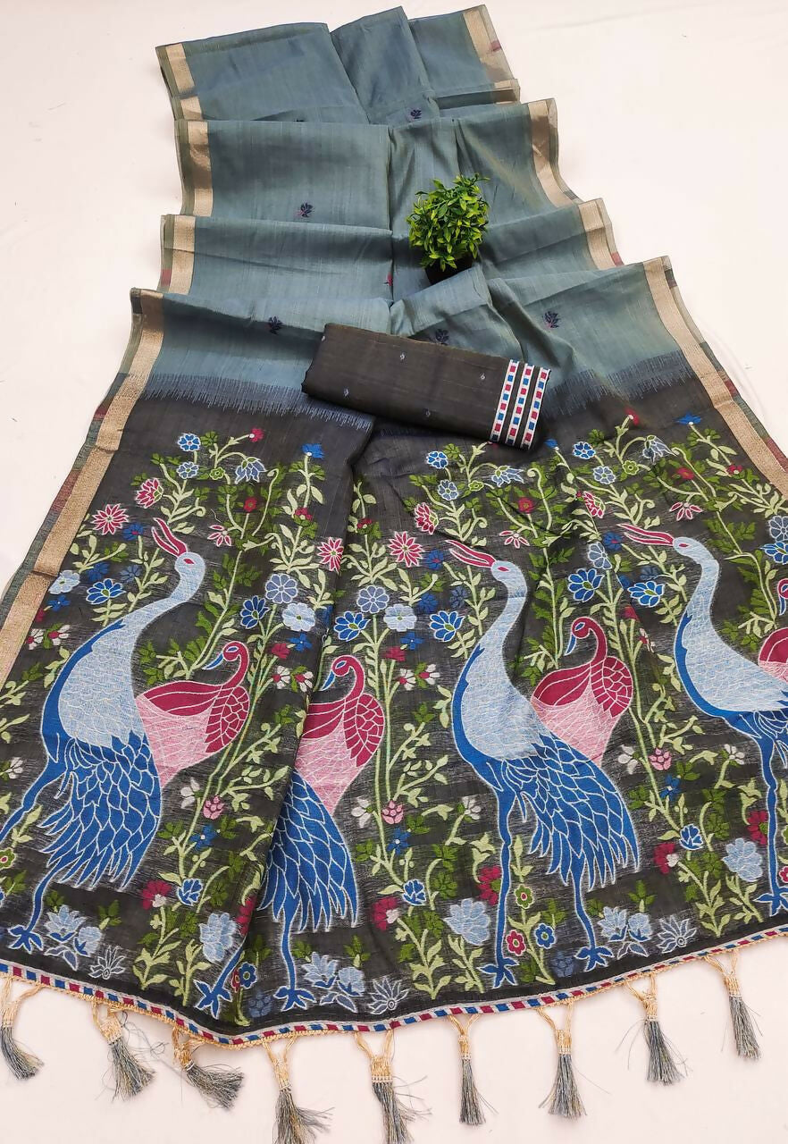Vastranavya Grey Muga Cotton Meenakari & Azarakh Pallu Saree with Contrast Blouse | Grocsy