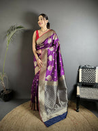 Joban Fashion Purple Woven Butti Soft Silk Banarasi Silk Saree | Grocsy