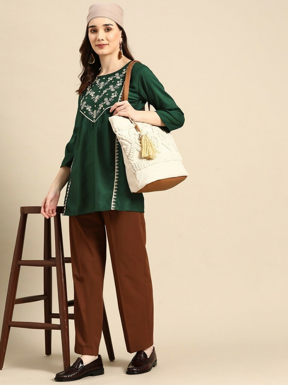 Women's Dark Green Viscose blend Embroidered Short Top - Marina | Grocsy