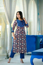 Yufta Women Blue Floral Printed Regular Pure Cotton Kurta with Trouser | Grocsy