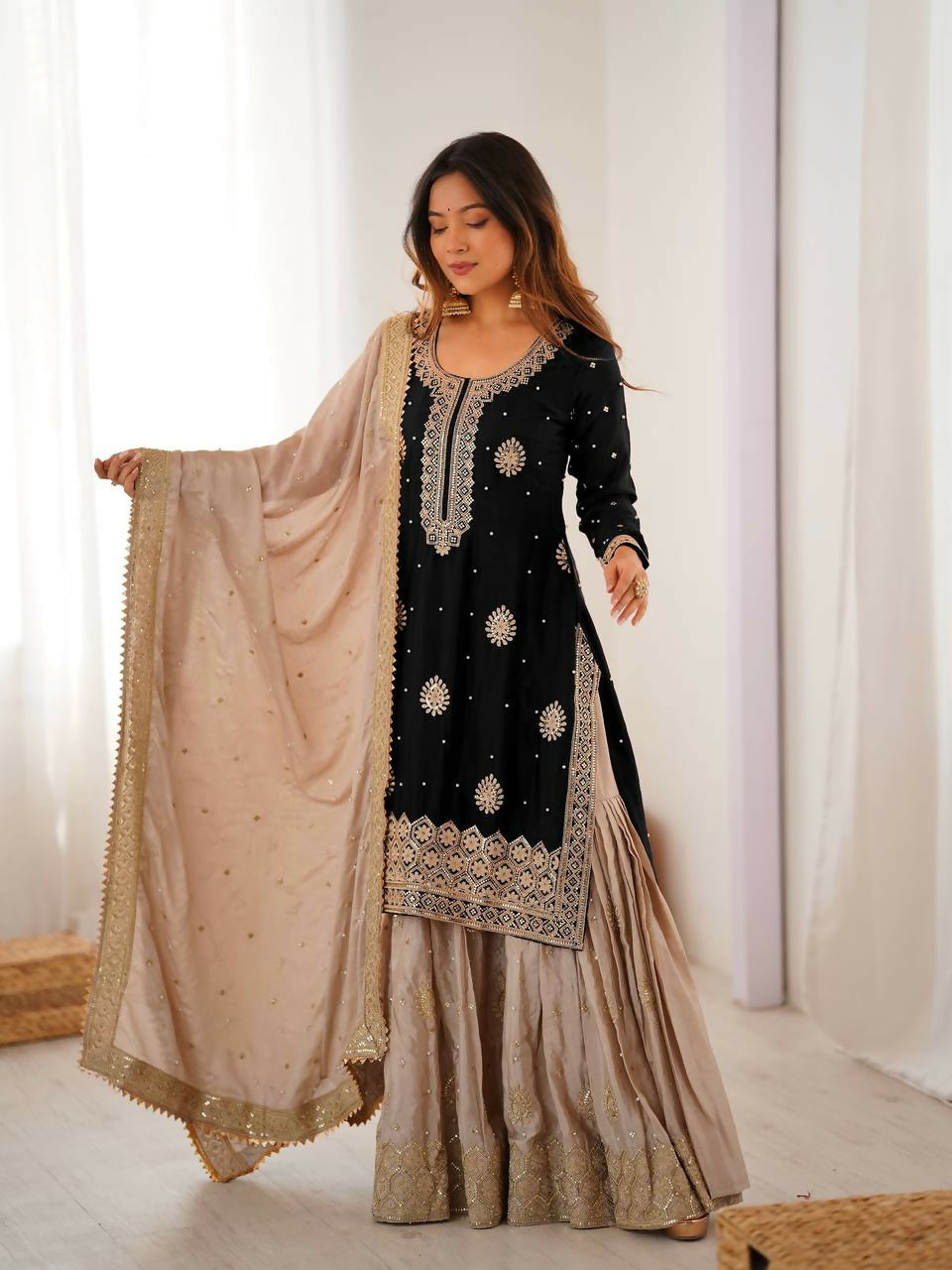 Lehenga Mart Designer Sharara Suit With Kurta, Sharara, Dupatta For Women-Black | Grocsy