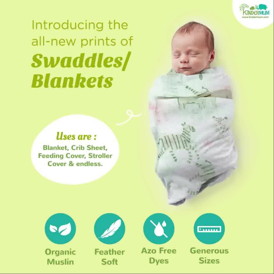 Kindermum Organic Cotton Muslin Swaddle Blanket 100 Cm X 100 Cm - Set Of 2 - Jungle Safari And Tiny Animals | Grocsy