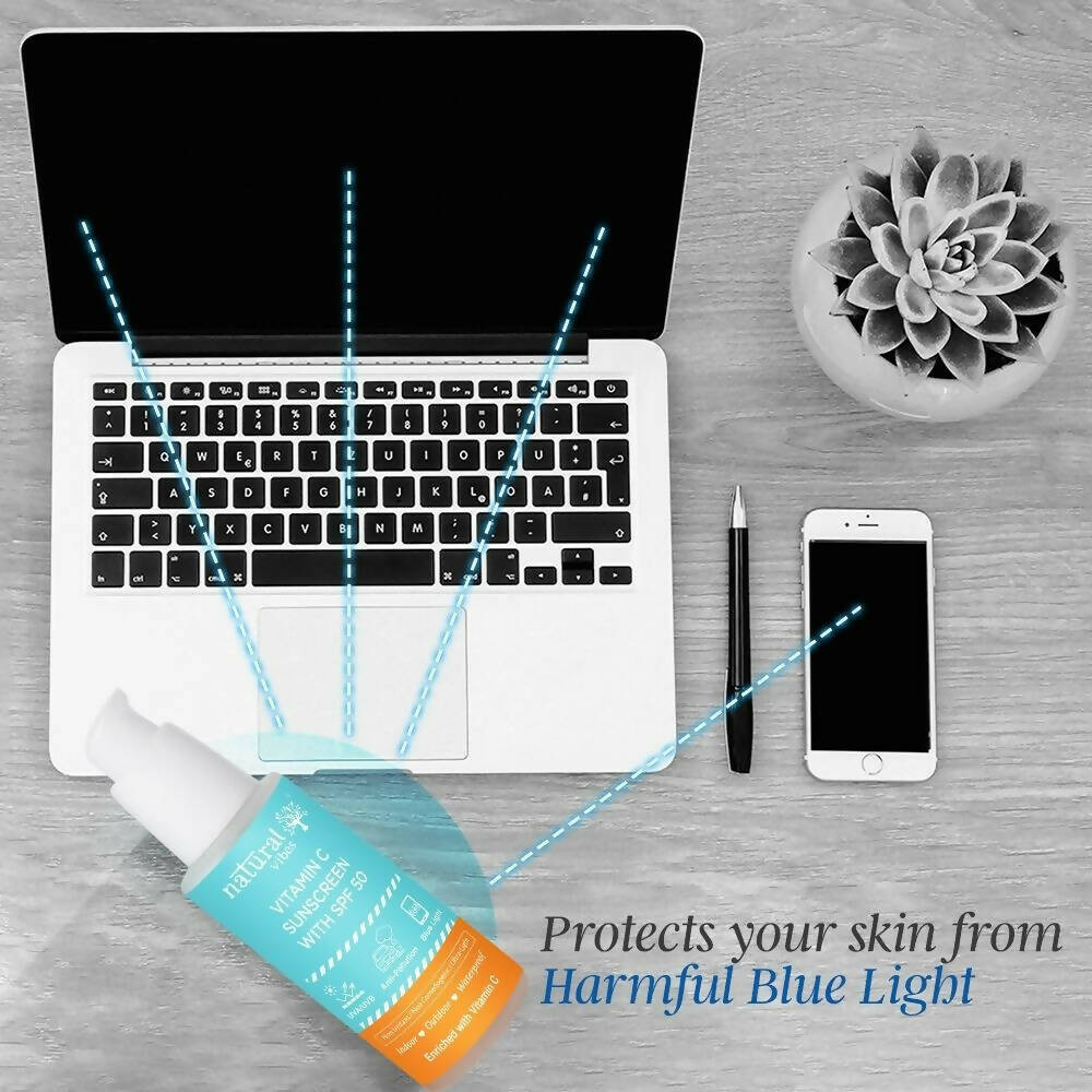 Natural Vibes Vitamin C Sunscreen SPF 50 + - UVA/UVB rays, Blue Light & Pollution Protection | Grocsy