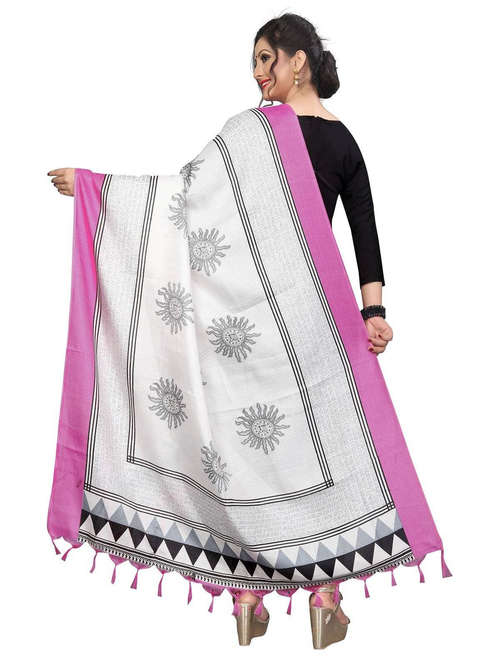 Vamika Pink-White Flower Printed Khadi Bhagalpuri Dupatta | Grocsy