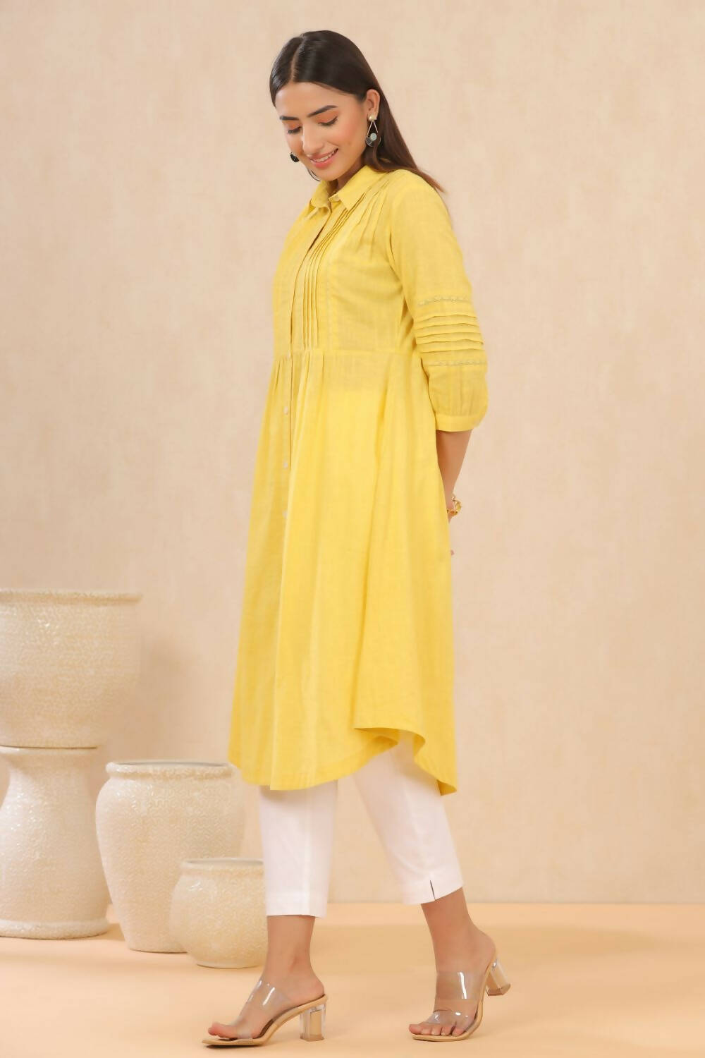 Juniper Womens Blush Yellow Cotton Slub Solid Mid Length Shirt Dress With Lace Detailing | Grocsy