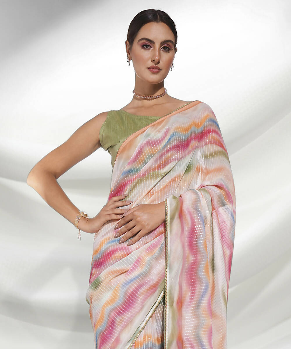 Pink Georgette Sequence Embroidery Saree With Unstitched Blouse Piece - Rajal | Grocsy