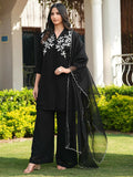 Nikhaar Black Embroidered Viscose Georgette Stitched Straight Cut Kurta Culottes Dupatta Readymade Suit | Grocsy